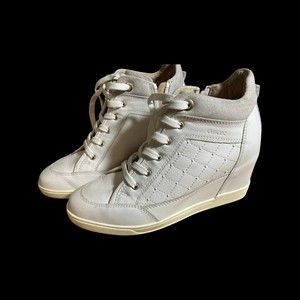 Geox Women's Wedge Shoes White Leather Lace Up Sneakers 6.5 us